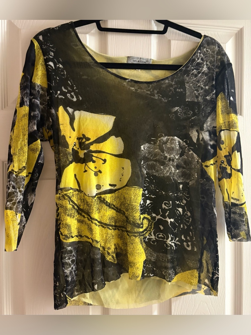 Yellow & Black Floral Sheer Scoop Neck Blouse from Italy in PERFECT CONDITION!!!